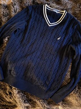 Nautica Navy V-Neck Cable Knit Sweater